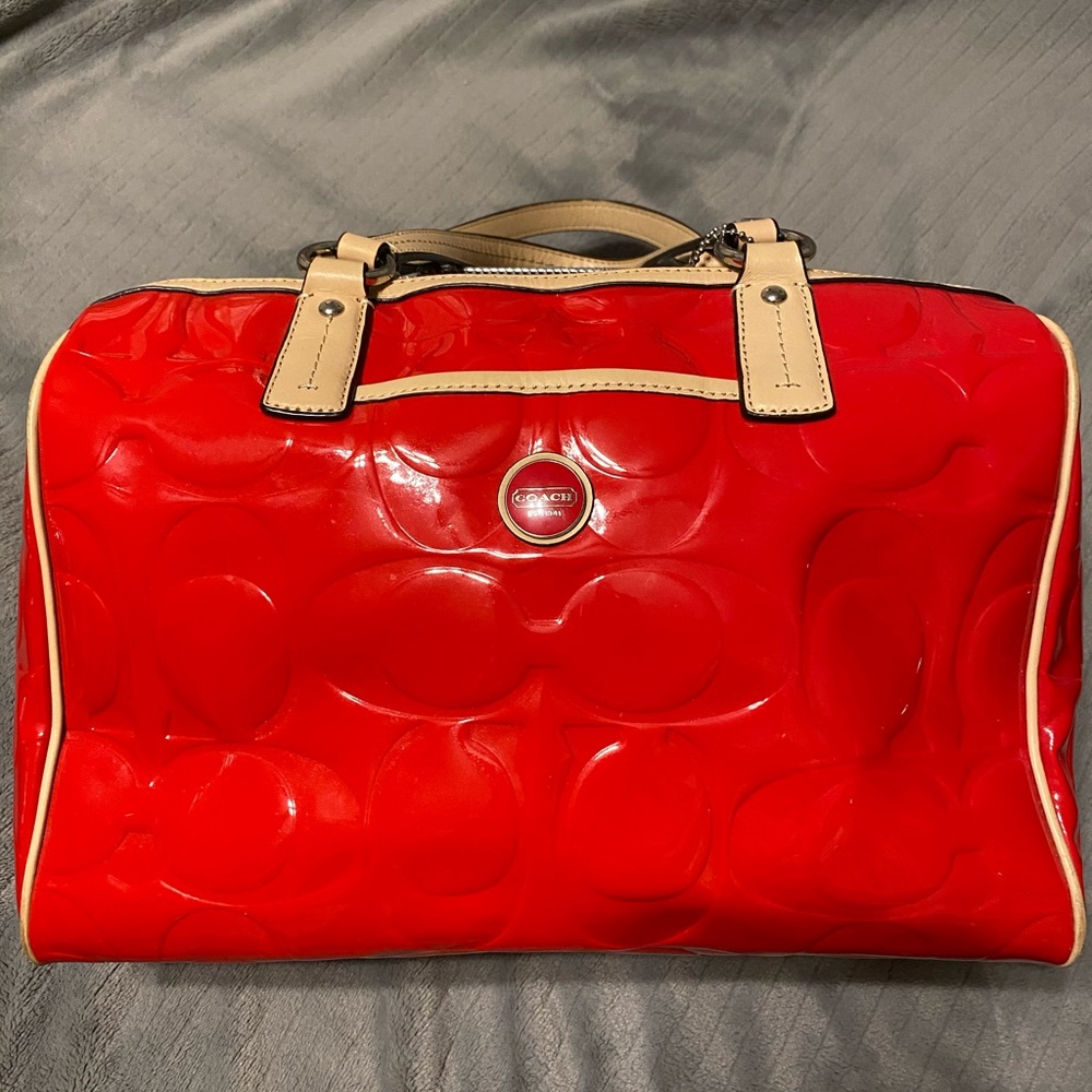 COACH Red Signature Stripe Embossed Patent Satchel